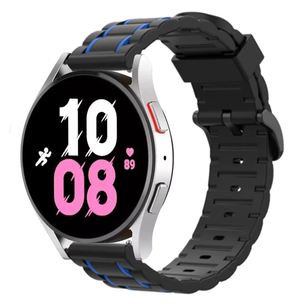 Silicone Strap 'Tough', black/blue, on a watch, 3/4 front view