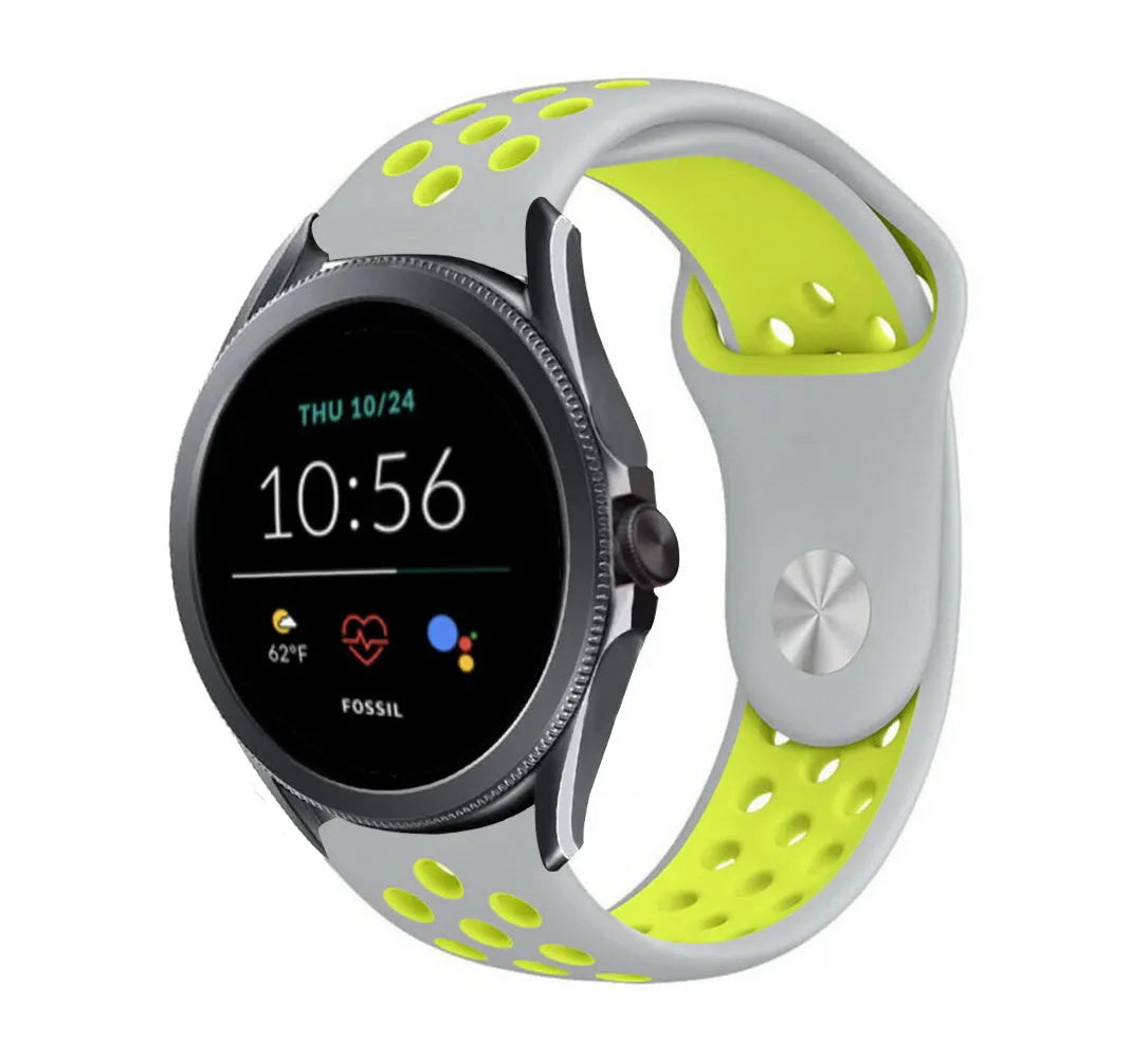 Silicone Sport Strap, grey/yellow, on a watch, 3/4 front view