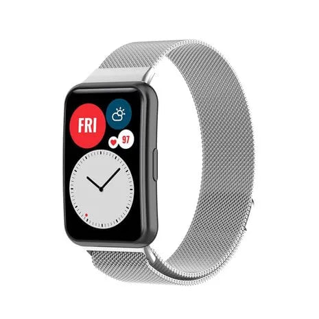 Milanese Strap, silver, on a watch, 3/4 front view