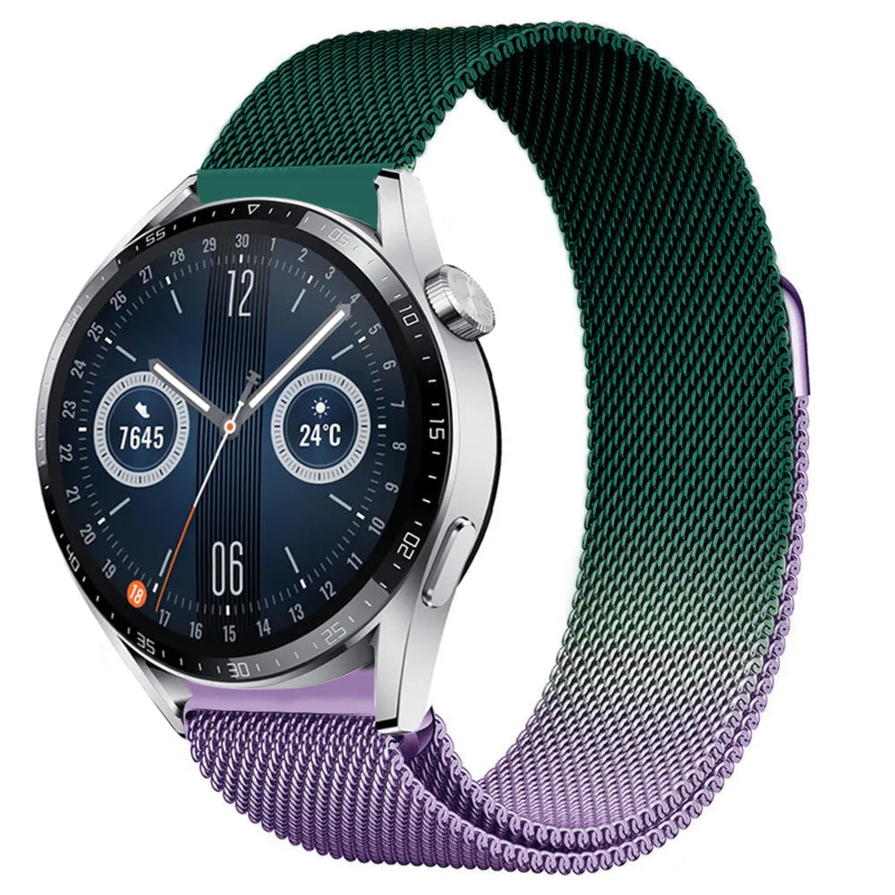 Milanese Strap, purple/green, on a watch, 3/4 front view