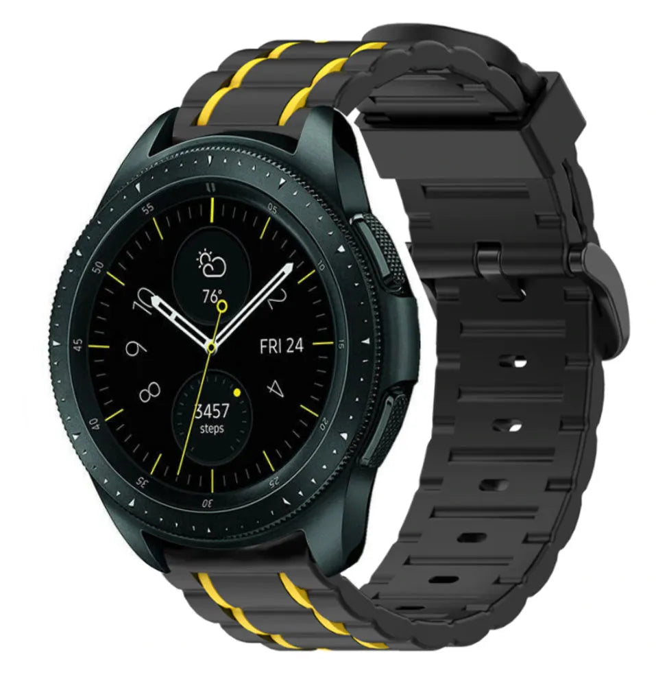 Silicone Strap 'Tough', black/yellow, on a watch, 3/4 front view
