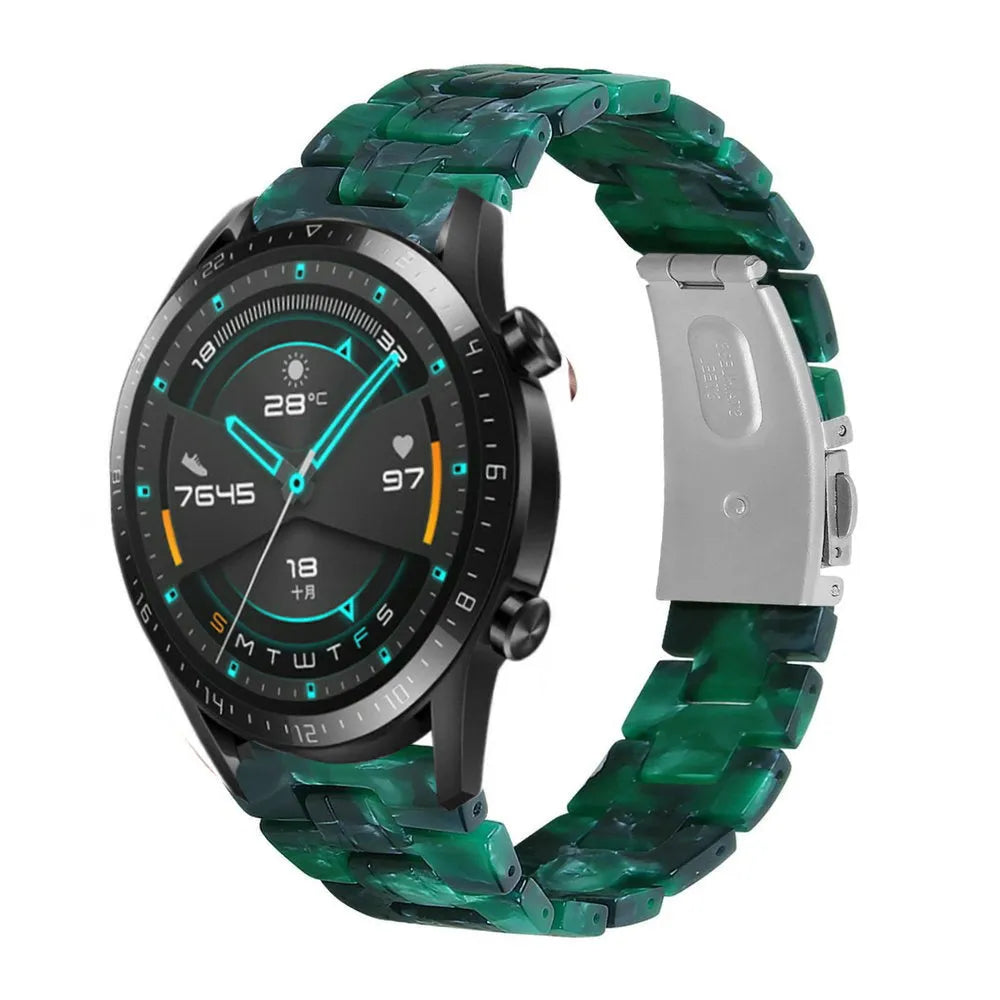 Metal Resin Strap, green, on a watch, 3/4 front view