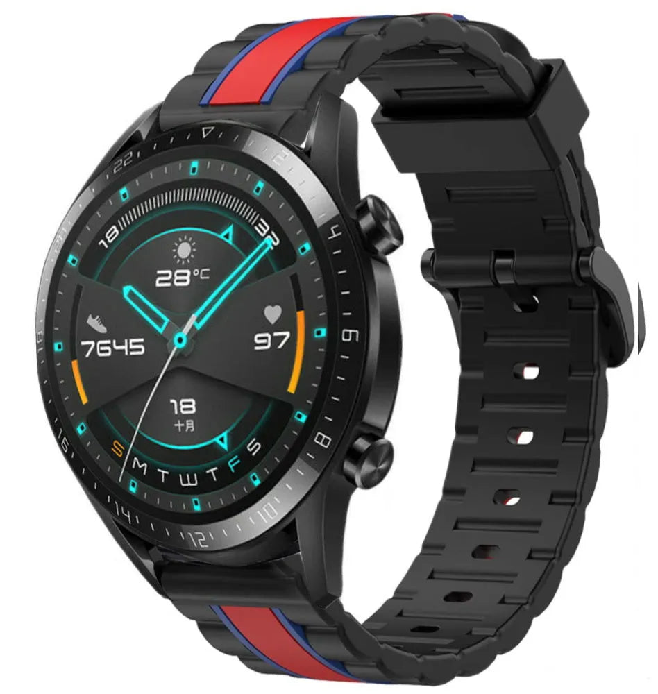 Silicone Special Edition Strap, black/red, on a watch, 3/4 front view