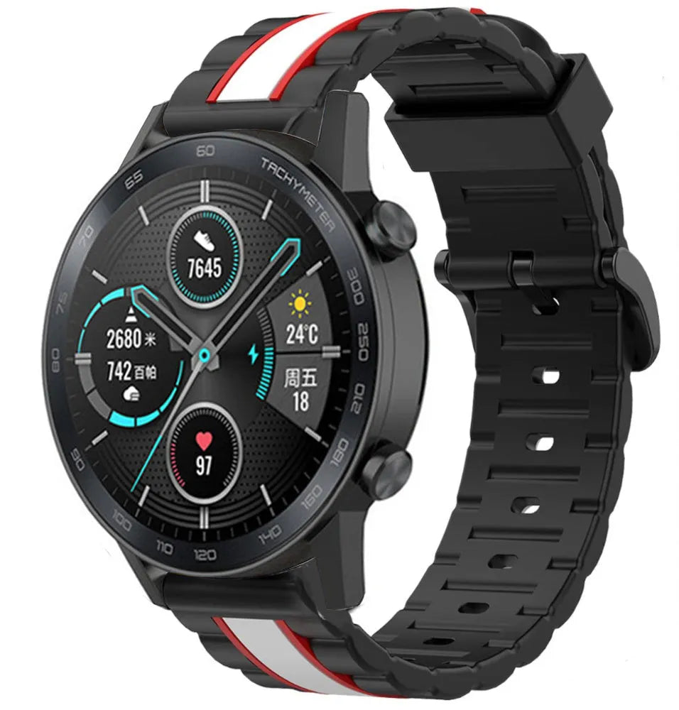 Silicone Special Edition Strap, black/white, on a watch, 3/4 front view