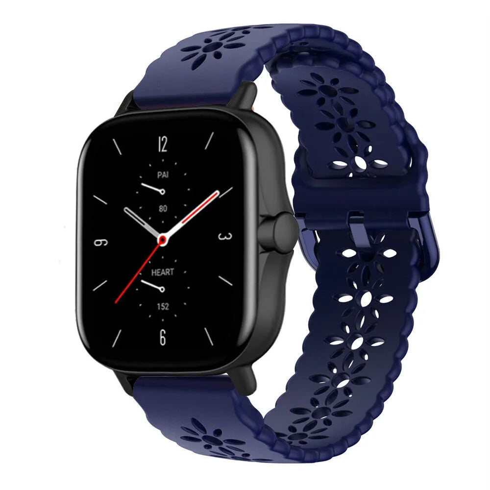 Patterned Silicone Strap, dark blue, on a watch, 3/4 front view