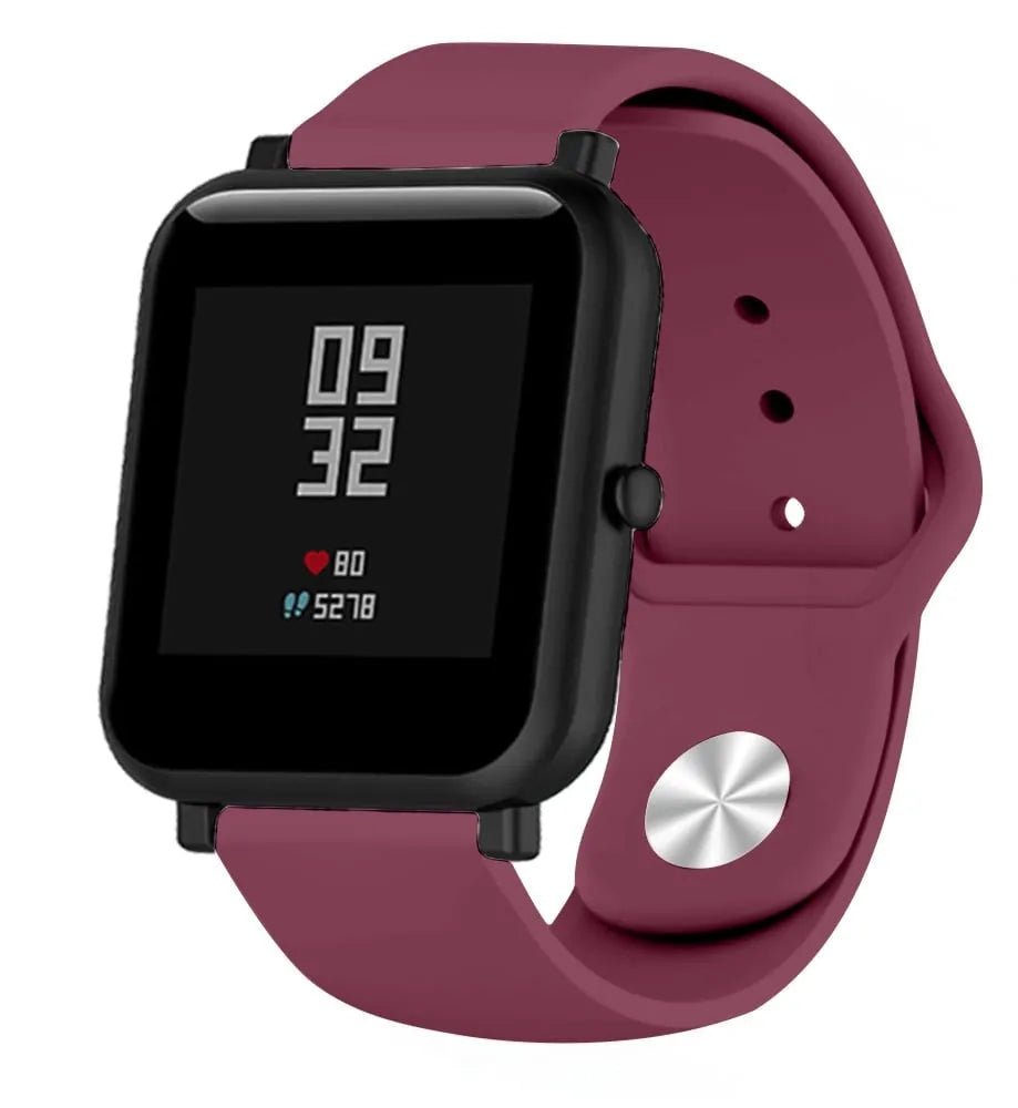 Silicone Sport Strap, burgundy, on a watch, 3/4 front view