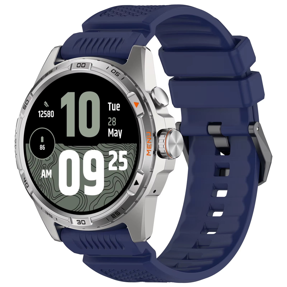 Silicone Strap, dark blue, on a watch, 3/4 front view