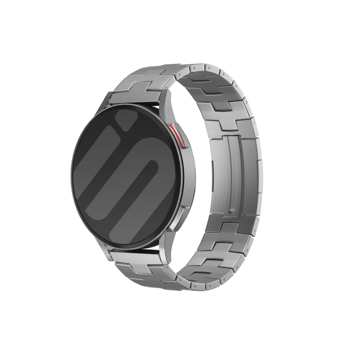 Titanium Grain Strap (Flat Clasp), silver, on a watch, 3/4 front view