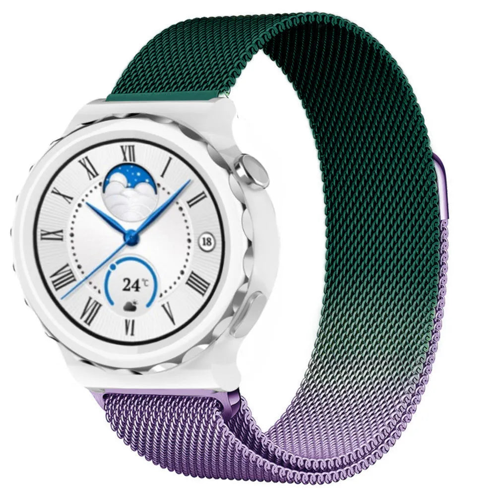 Milanese Strap, purple/green, on a watch, 3/4 front view