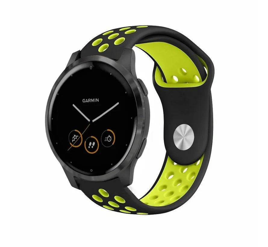 Silicone Sport Strap, black/yellow, on a watch, 3/4 front view