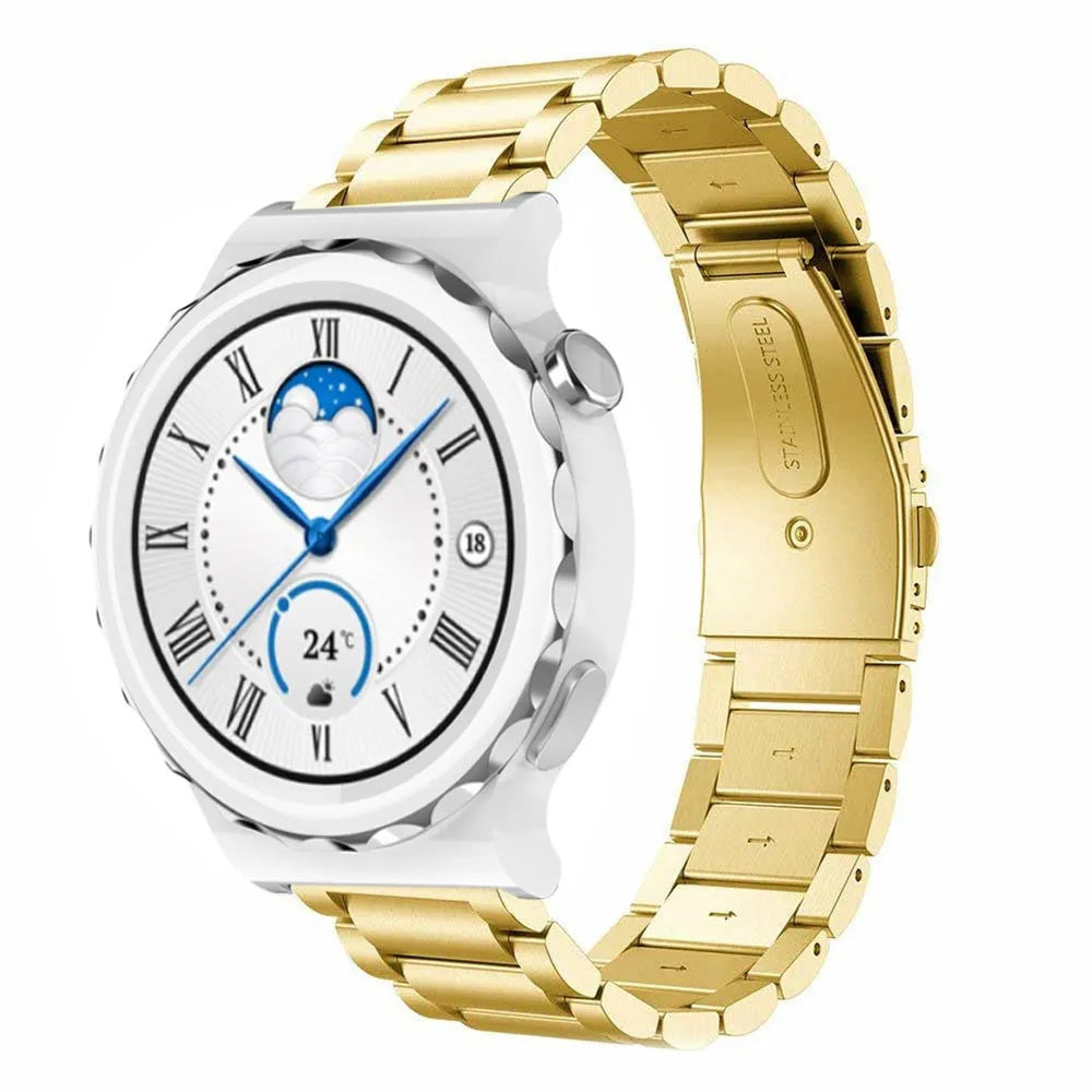 Steel Strap, gold, on a watch, 3/4 front view