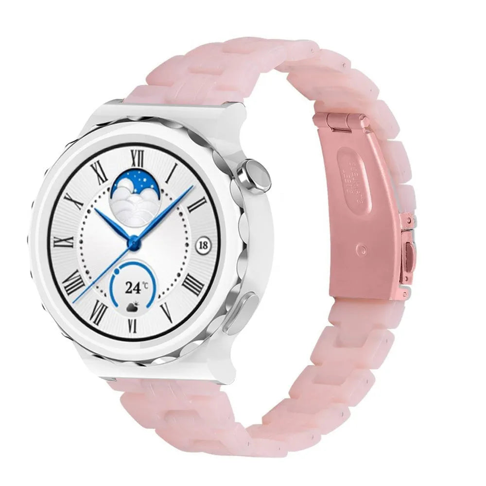 Metal Resin Strap, pink, on a watch, 3/4 front view