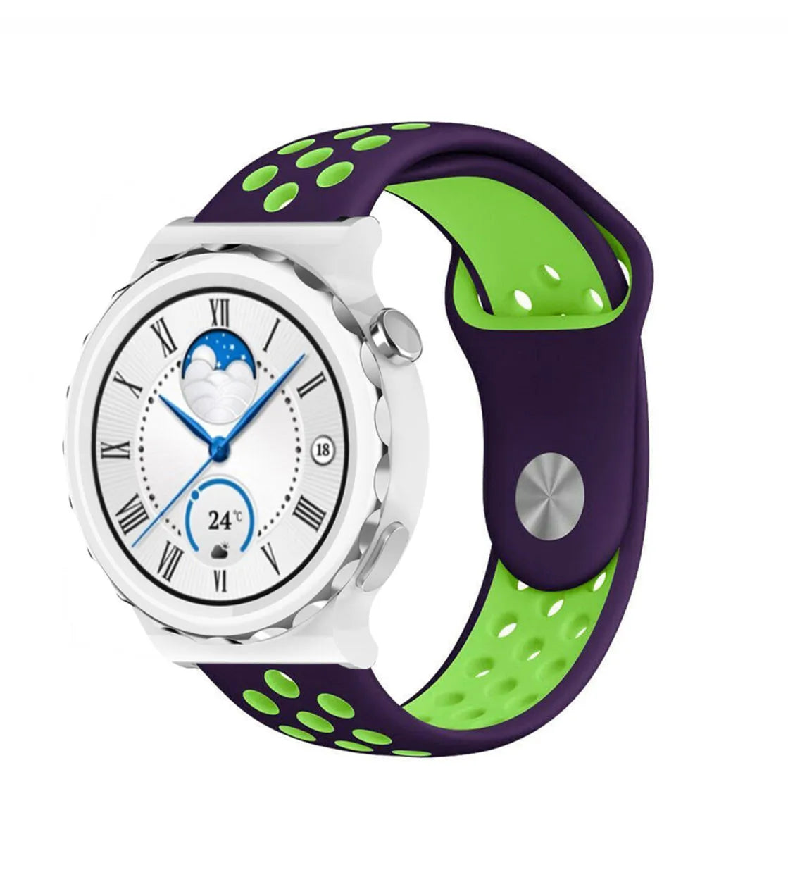 Silicone Sport Strap, purple/green, on a watch, 3/4 front view