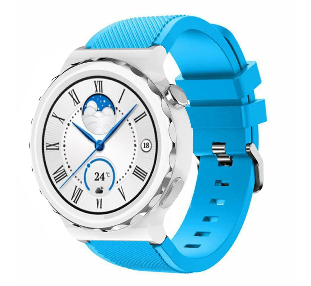 Twill Silicone Strap, light blue, on a watch, 3/4 front view