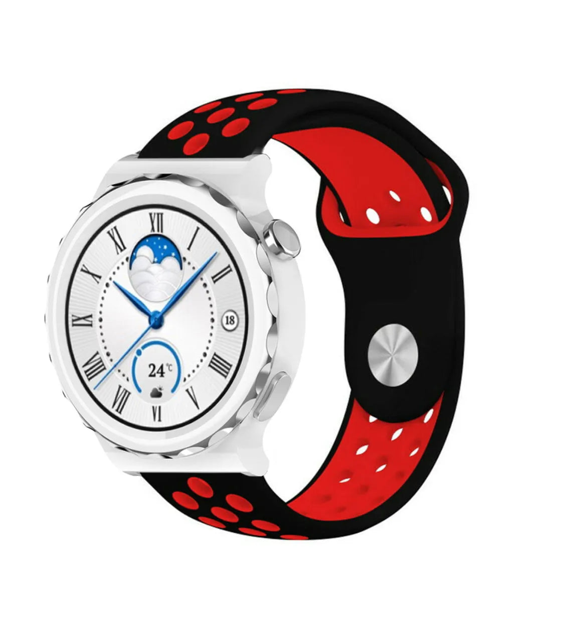 Silicone Sport Strap, black/red, on a watch, 3/4 front view