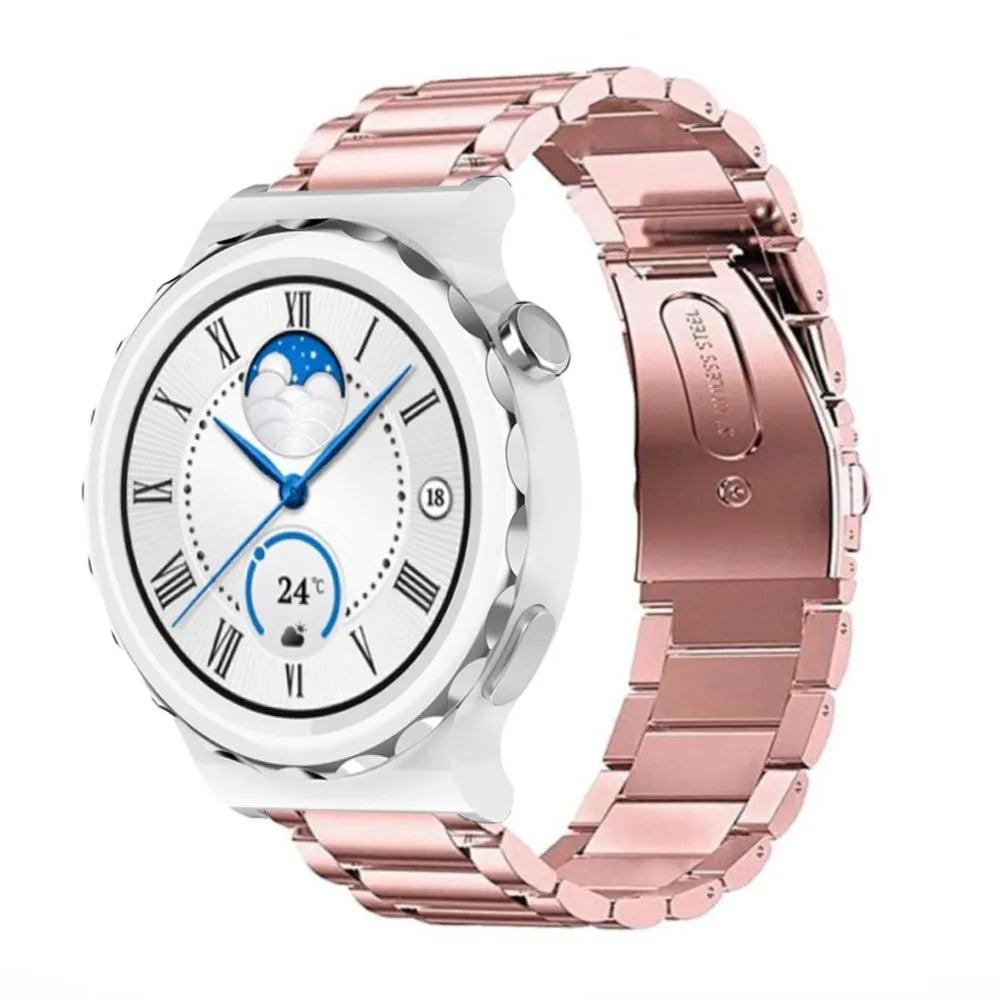 Steel Strap, pink, on a watch, 3/4 front view