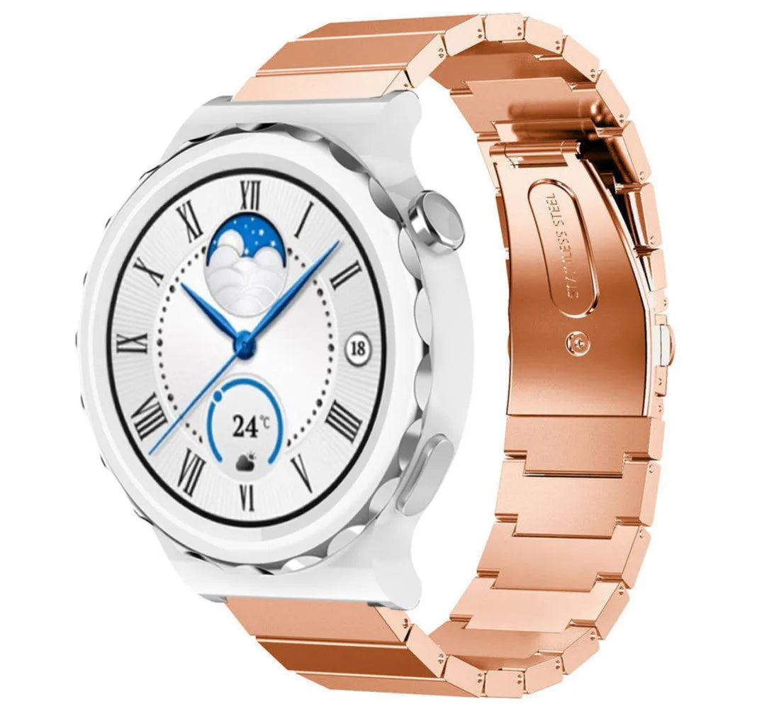 Premium Metal Strap, rose gold, on a watch, 3/4 front view