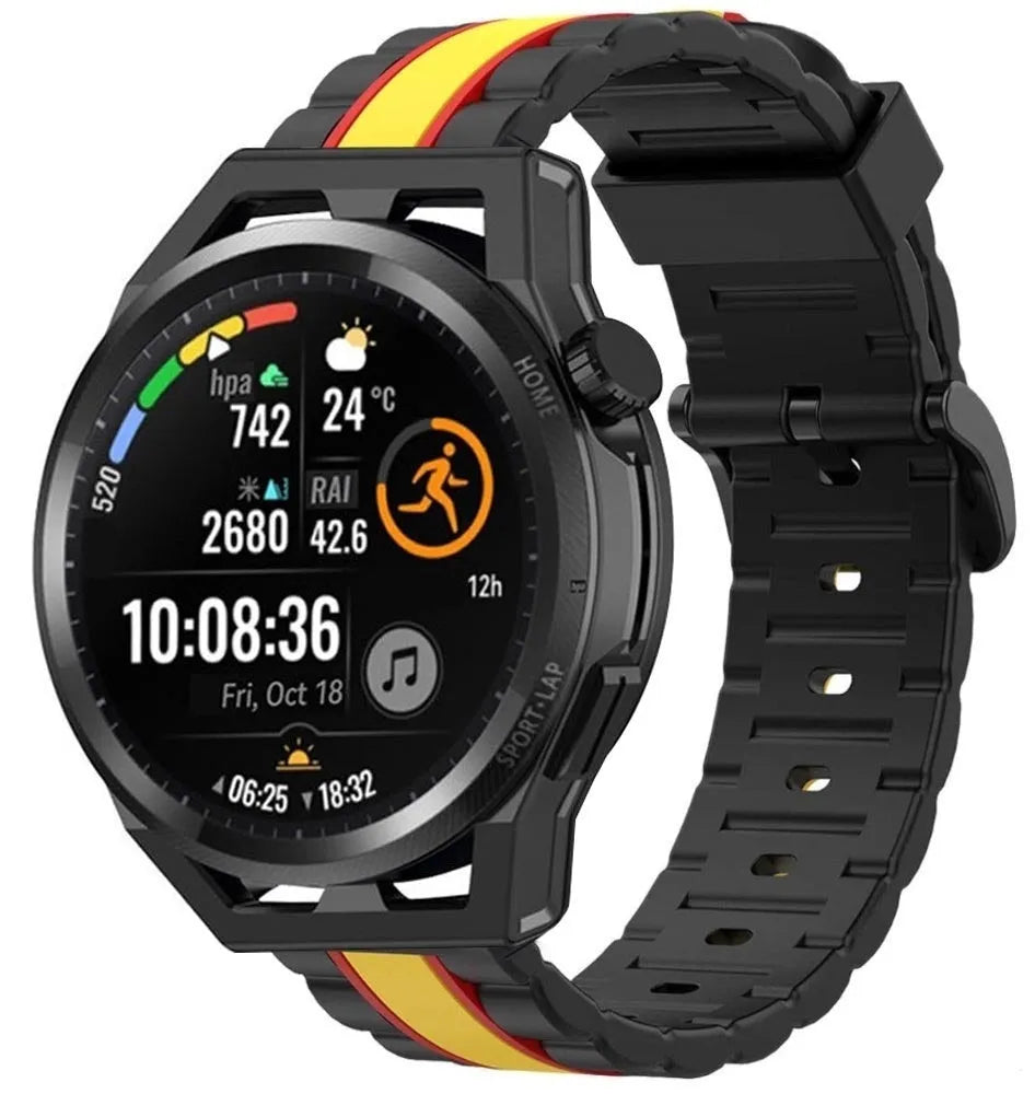 Silicone Special Edition Strap, black/yellow, on a watch, 3/4 front view