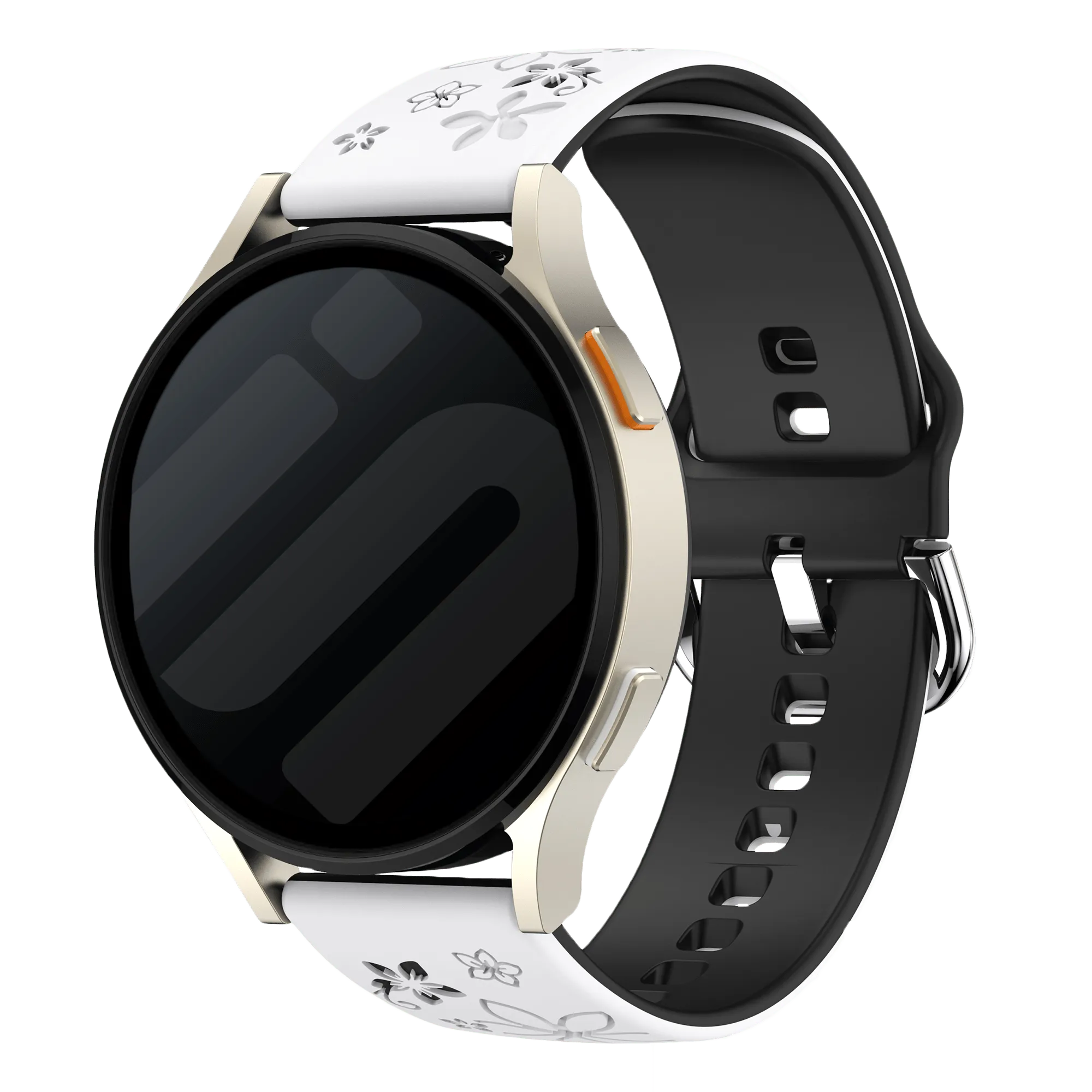 Flower Silicone Strap, white/black, on a watch, 3/4 front view