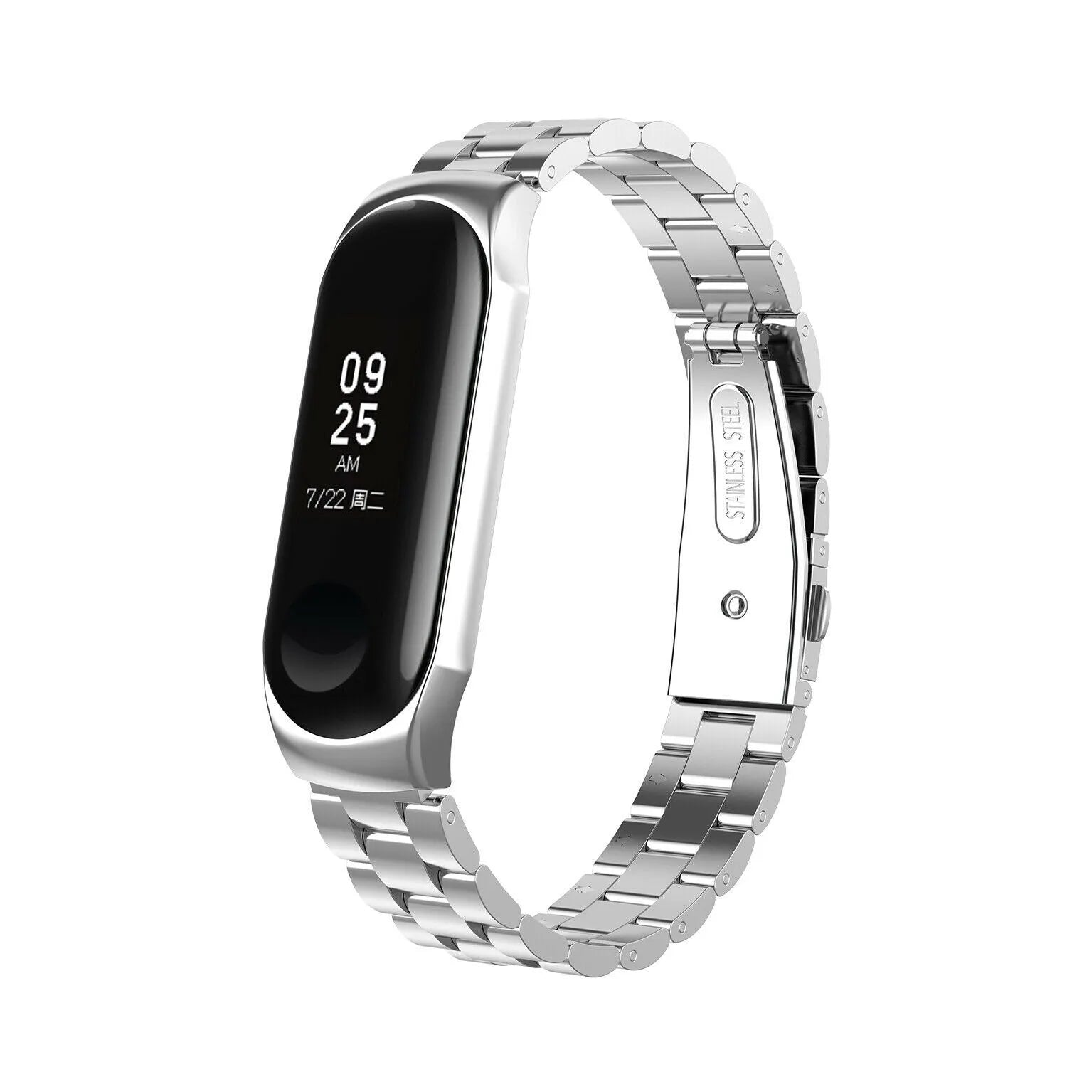 Steel Strap, silver, on a watch, 3/4 front view