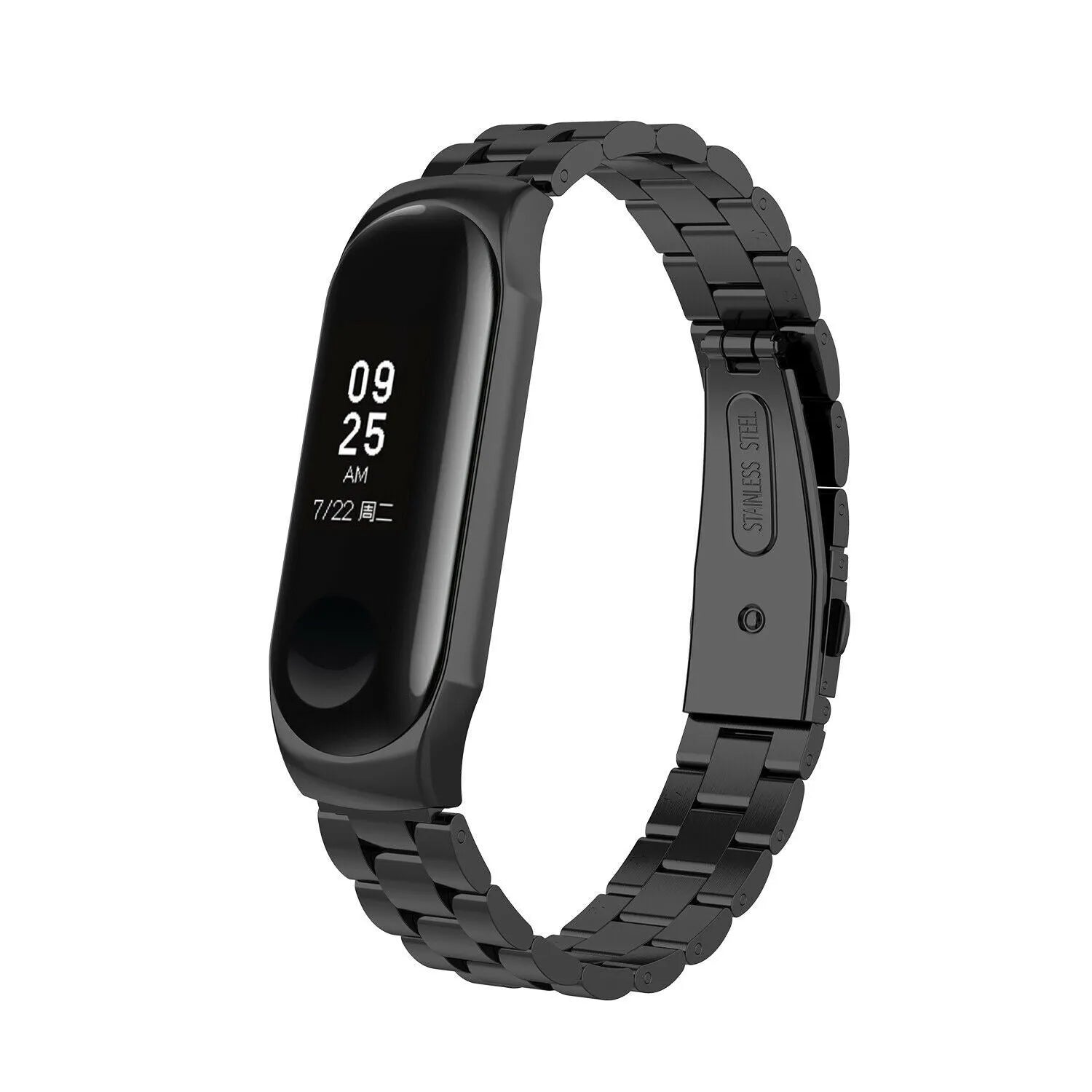 Steel Strap, black, on a watch, 3/4 front view