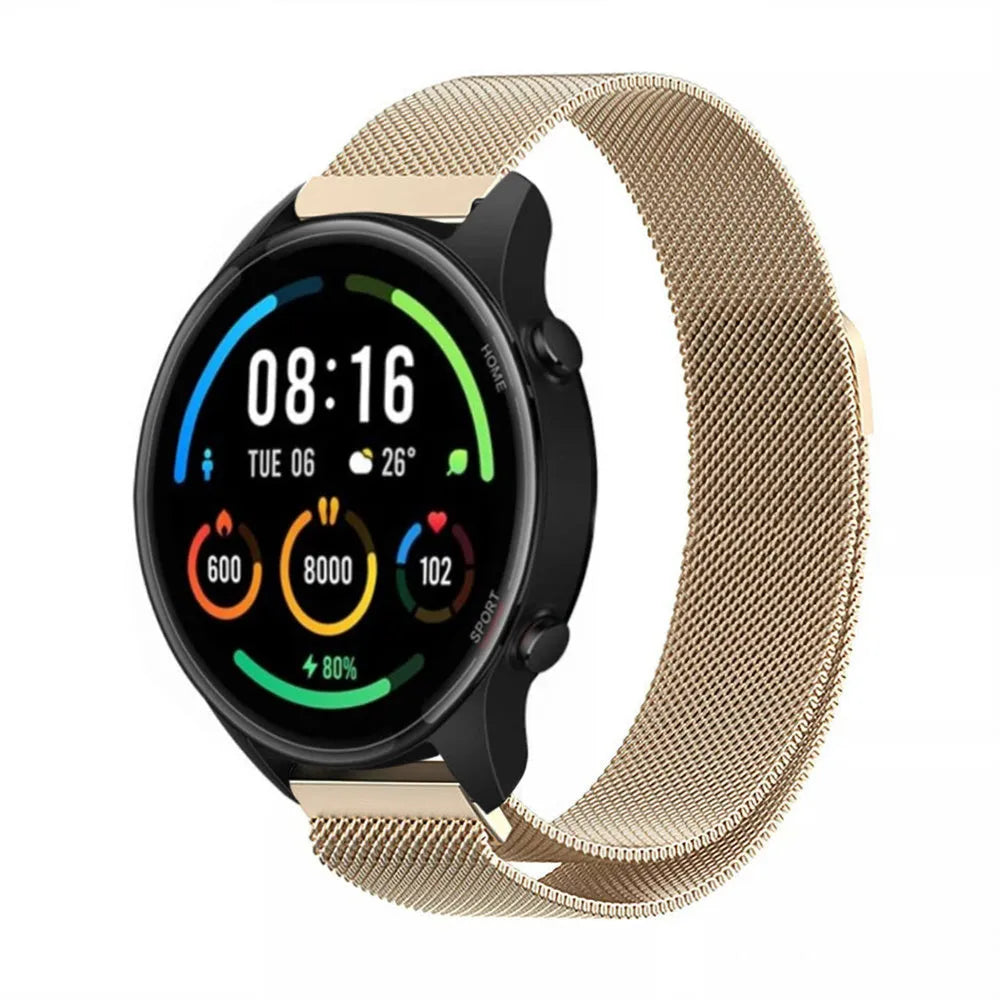 Milanese Strap, champagne, on a watch, 3/4 front view