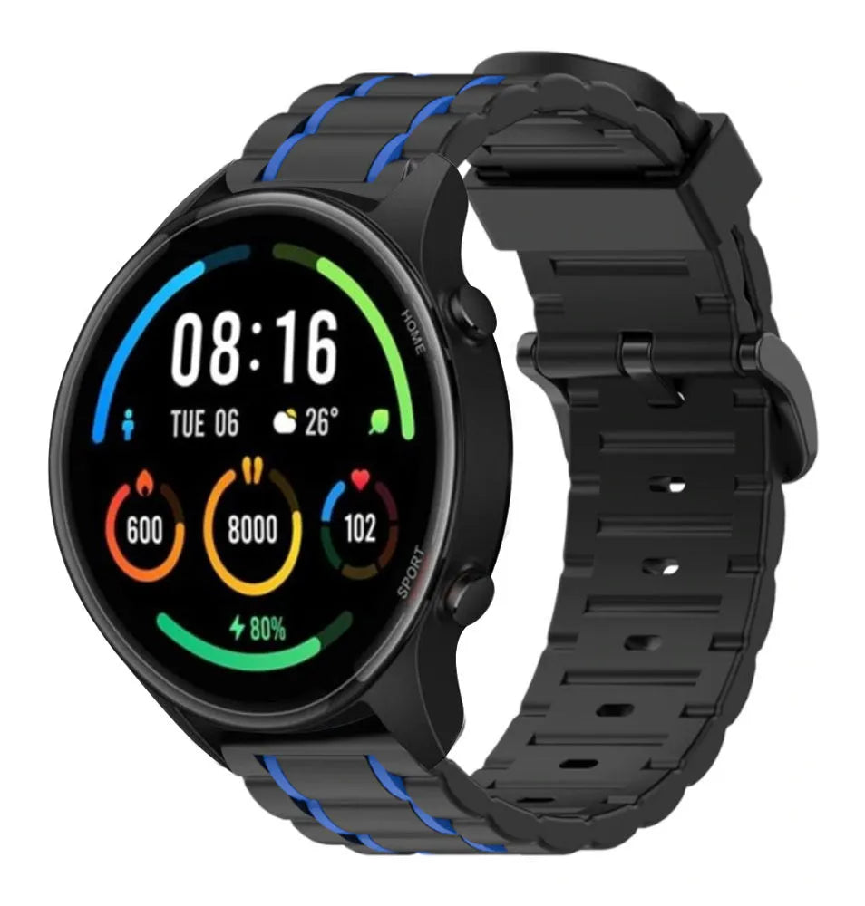 Silicone Sport Strap with Buckle, black/blue, on a watch, 3/4 front view