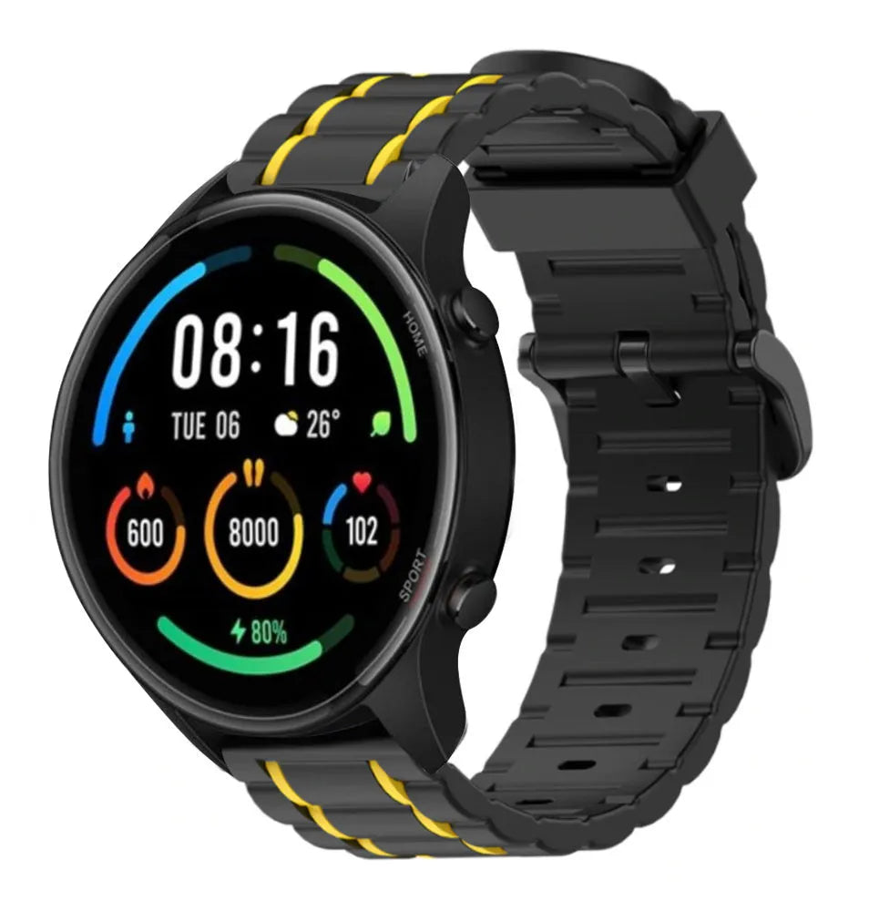 Silicone Sport Strap with Buckle, black/yellow, on a watch, 3/4 front view