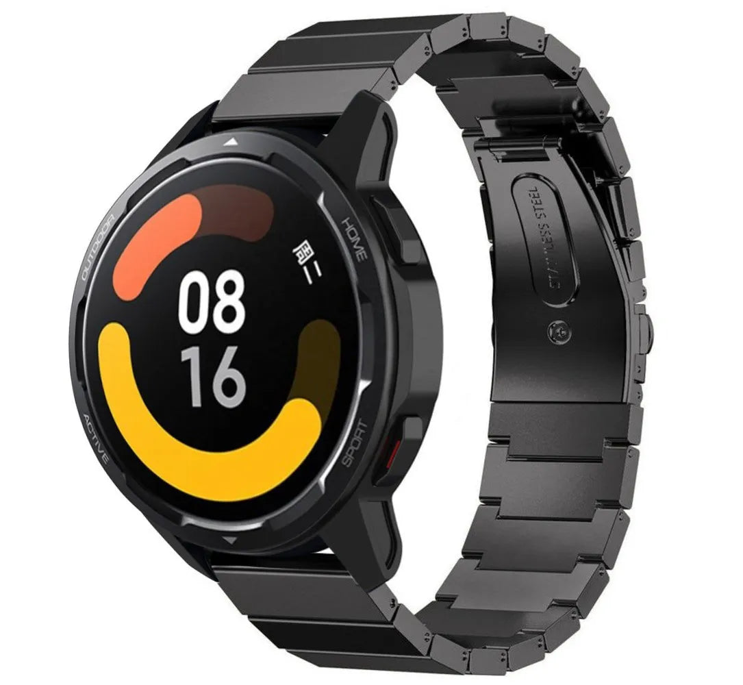 Premium Metal Strap, black, on a watch, 3/4 front view