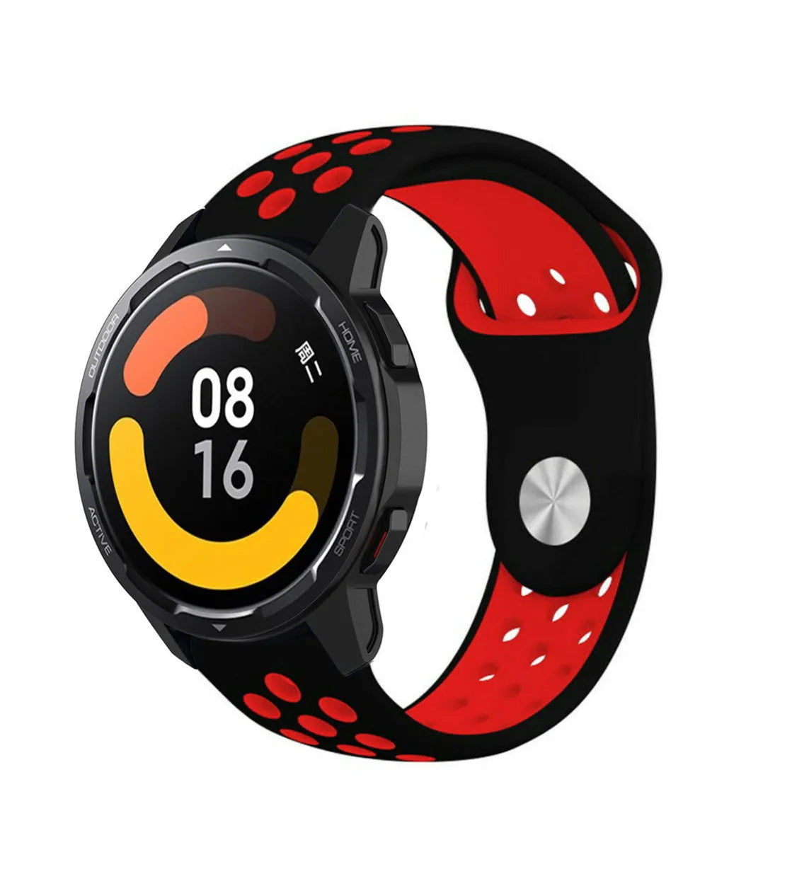 Silicone Sport Strap, black/red, on a watch, 3/4 front view