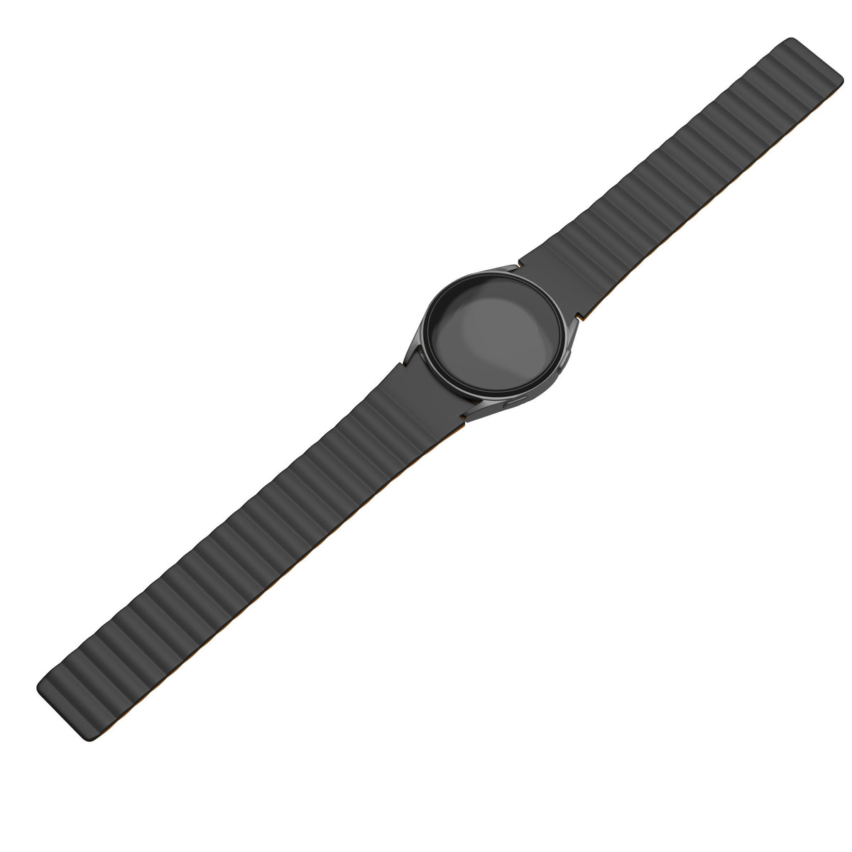 Magnetic Silicone Strap, black/orange, on a watch, 3/4 front view