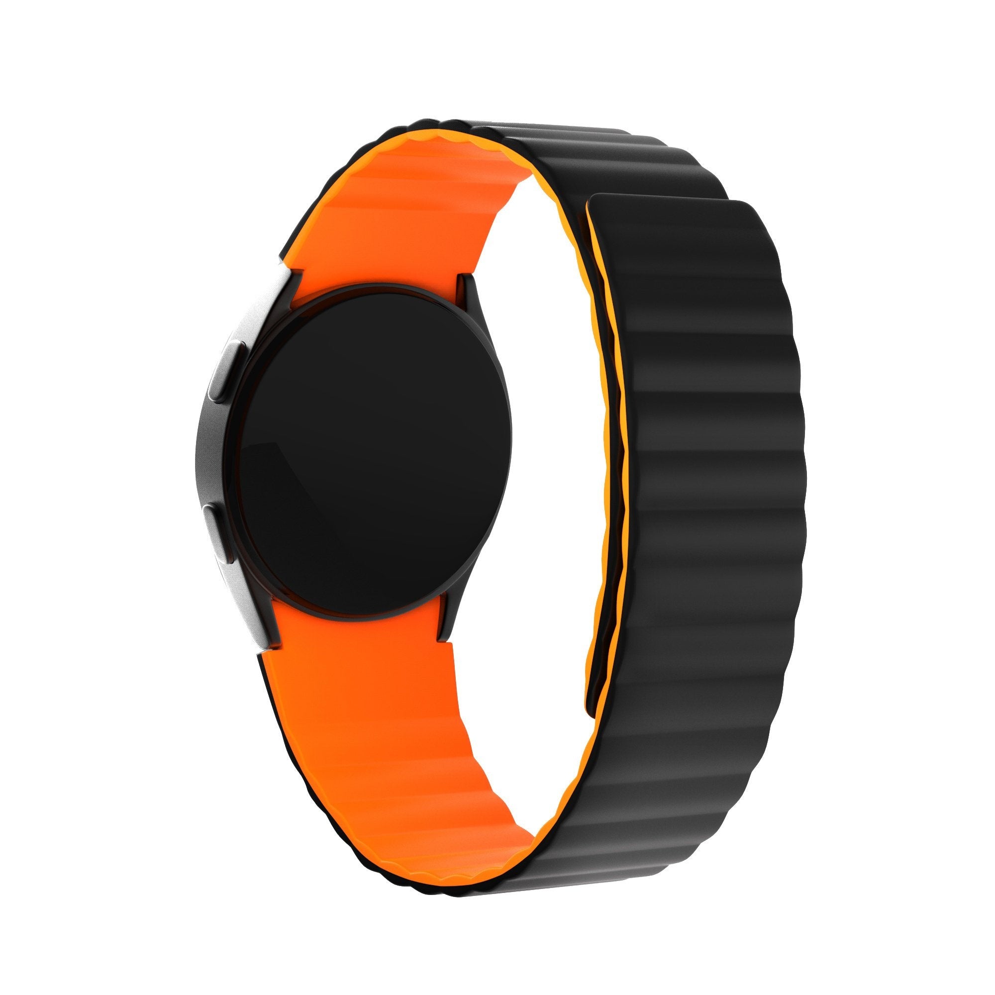 Magnetic Silicone Strap, black/orange, on a watch, 3/4 front view