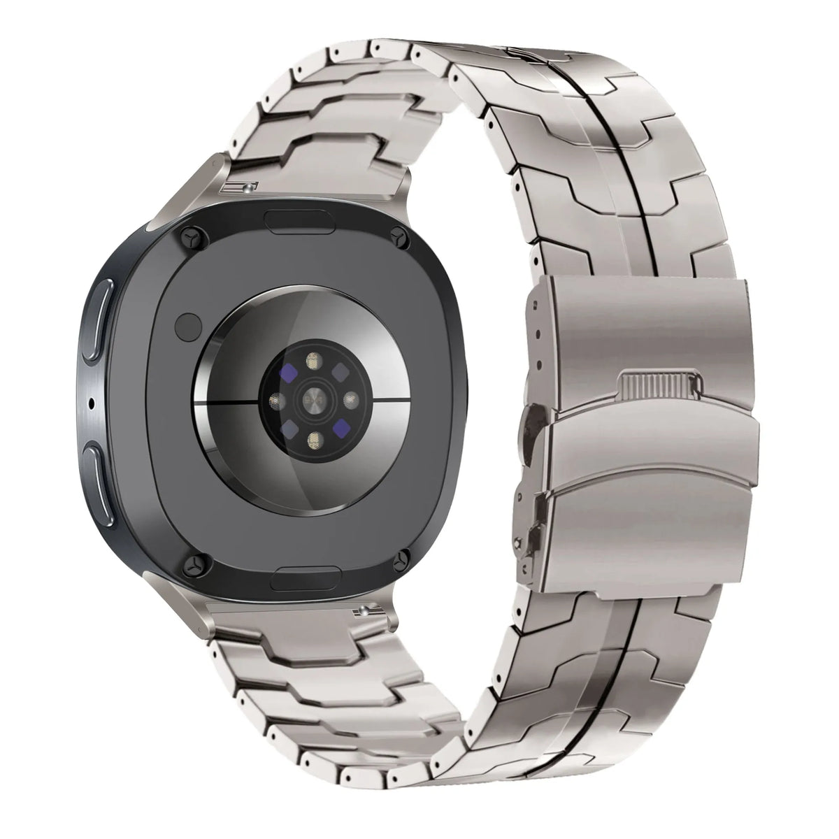 Titanium Strap 'Iron', on a watch, 3/4 rear view