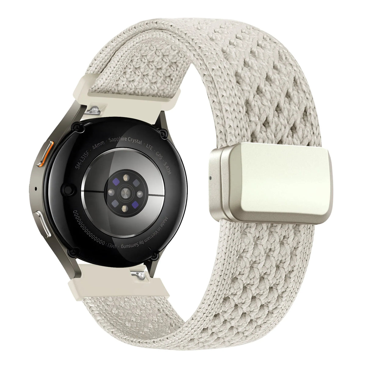 Vintage Nylon Strap, starlight, on a watch, 3/4 rear view