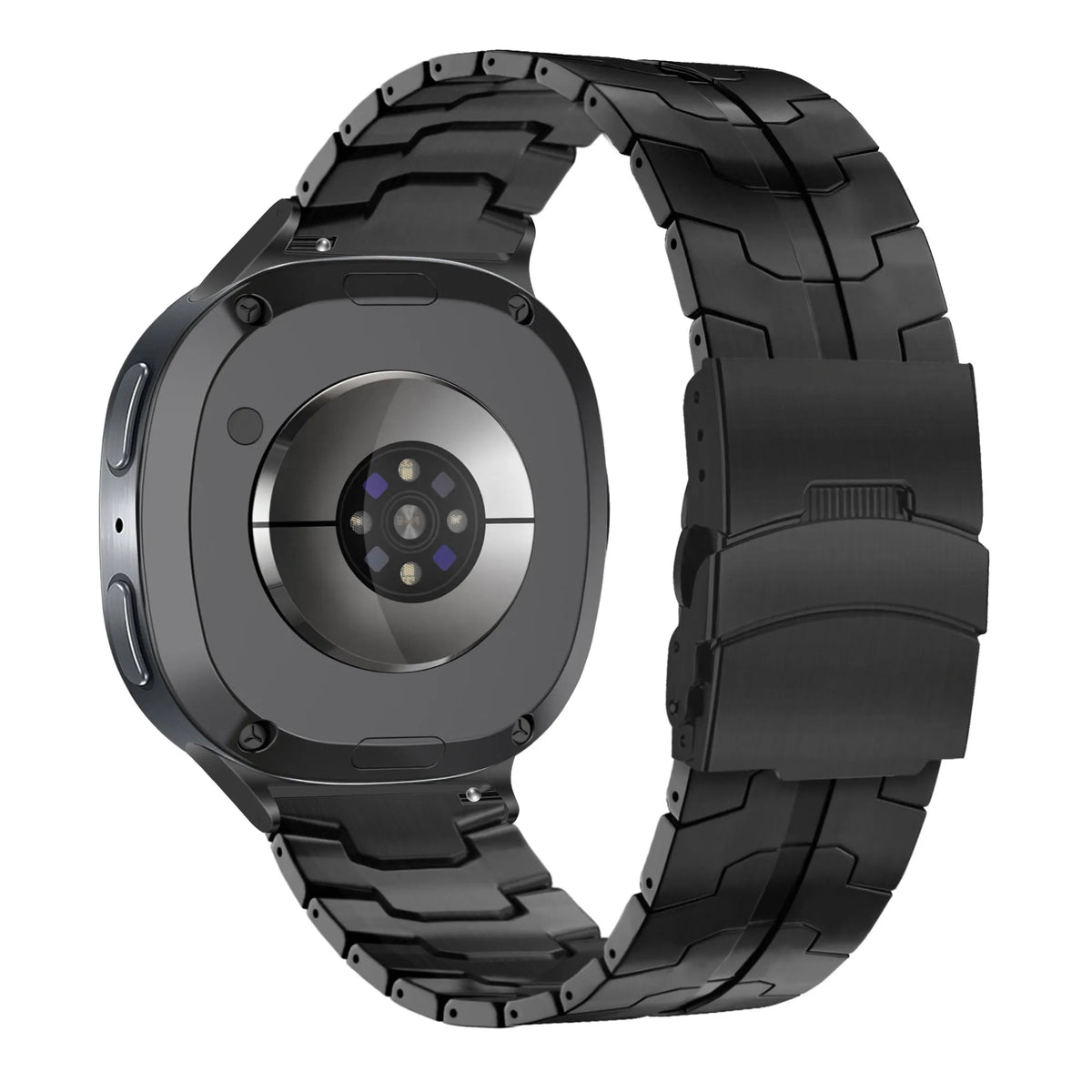 Steel Iron Strap, black, on a watch, 3/4 rear view