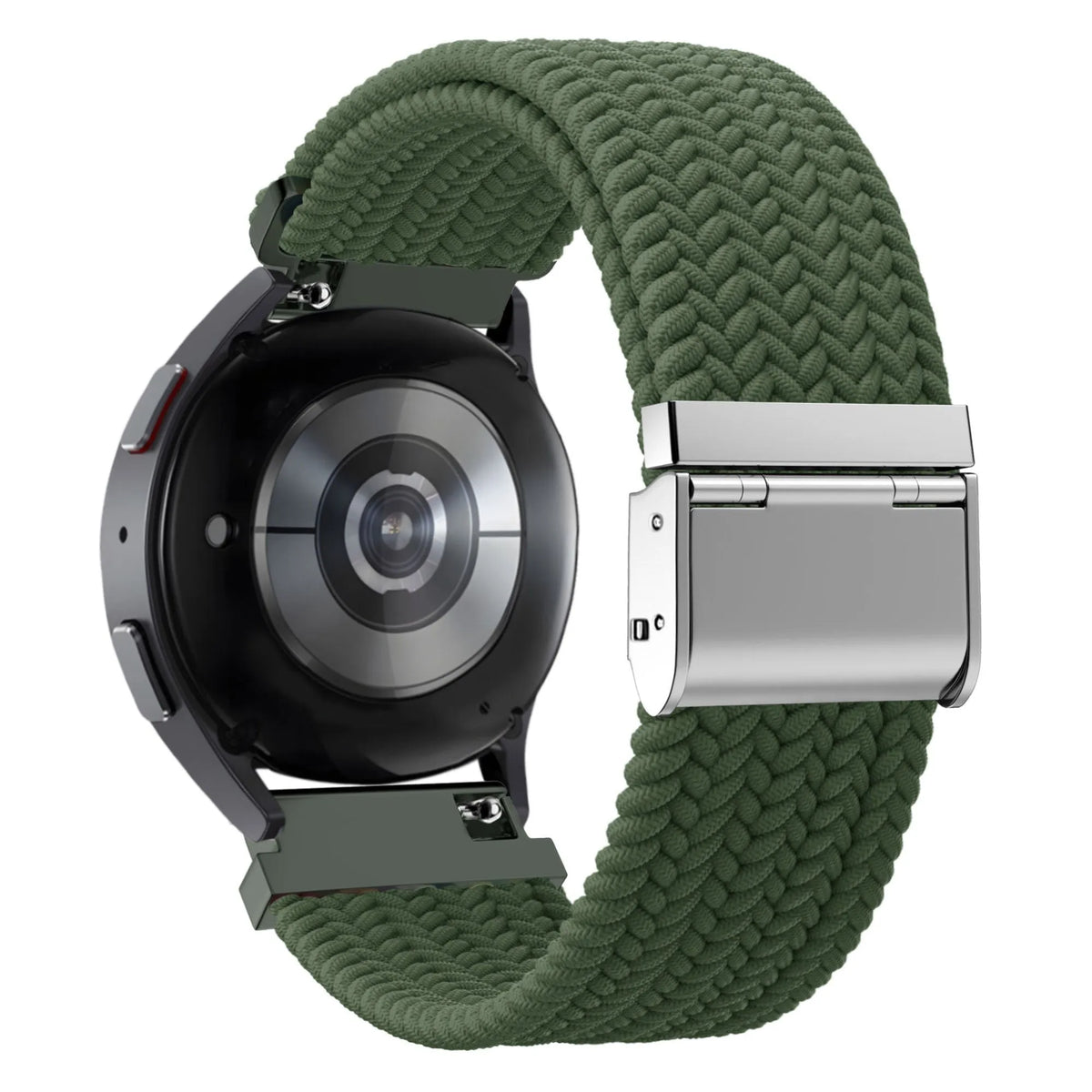 Woven Nylon Strap, olive green, on a watch, 3/4 rear view