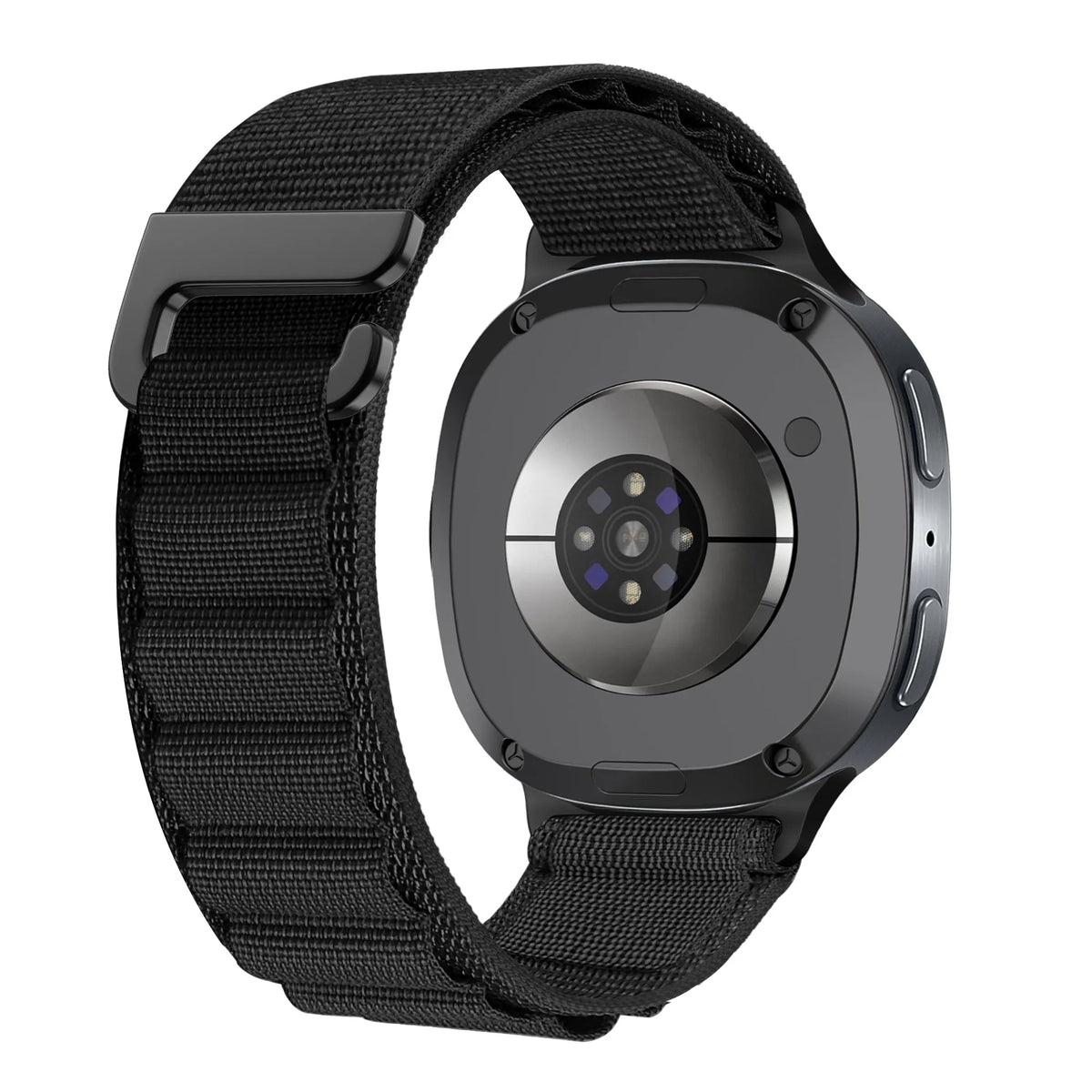 Alpine Nylon Strap, black/orange, on a watch, 3/4 rear view