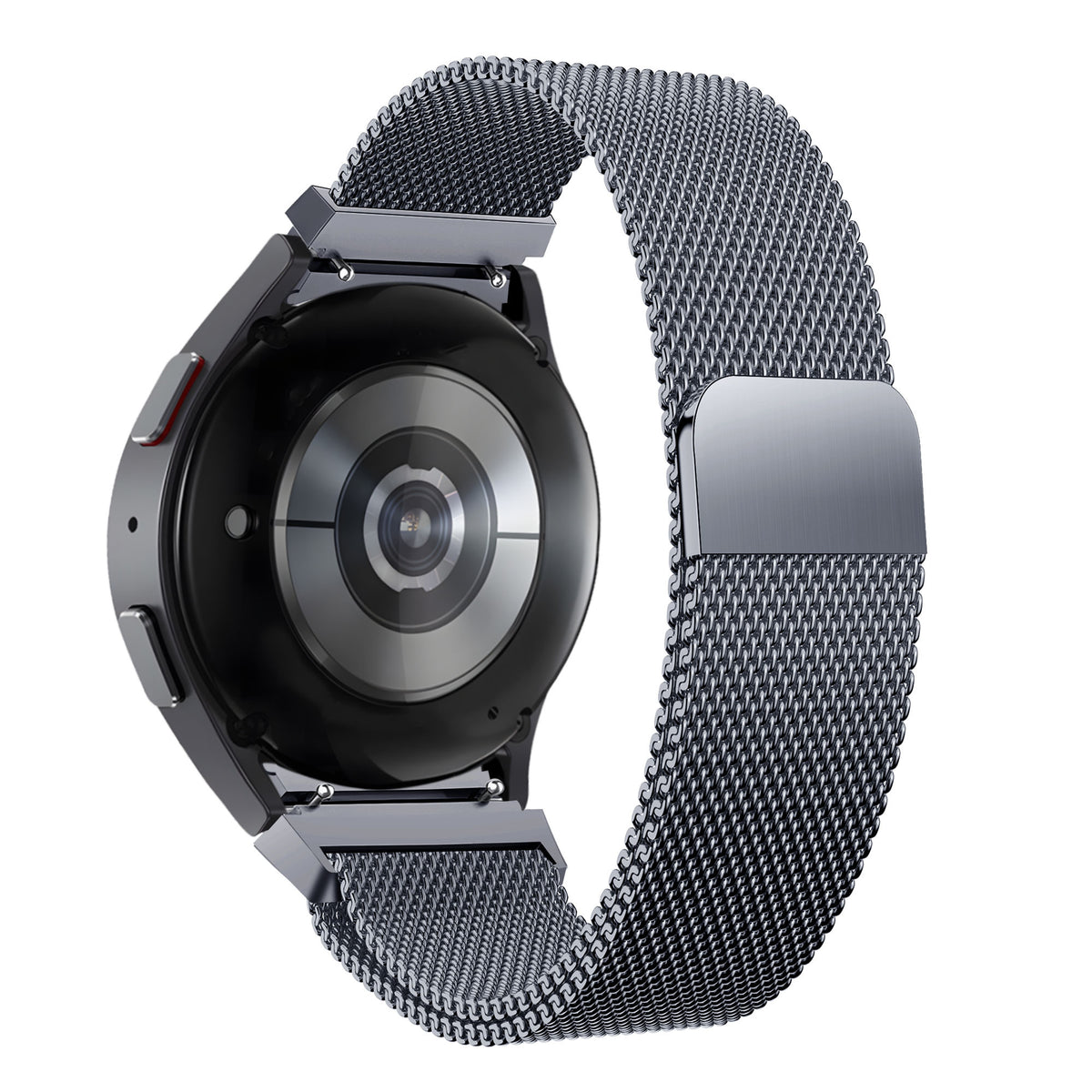Milanese Loop Strap, grey, on a watch, 3/4 rear view