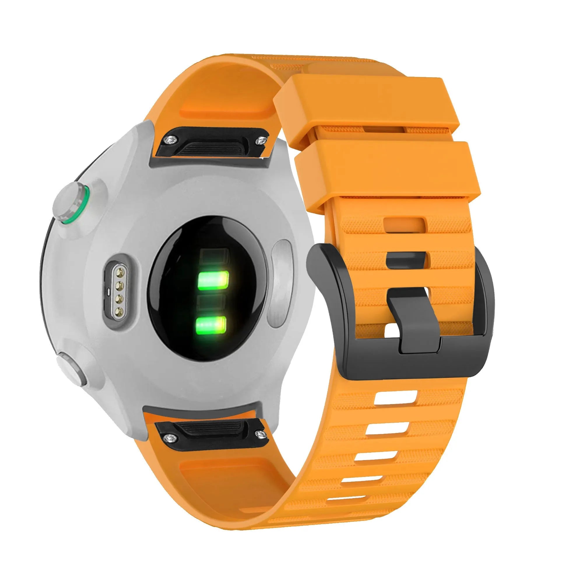 Buckled Silicone Strap, orange, on a watch, 3/4 rear view