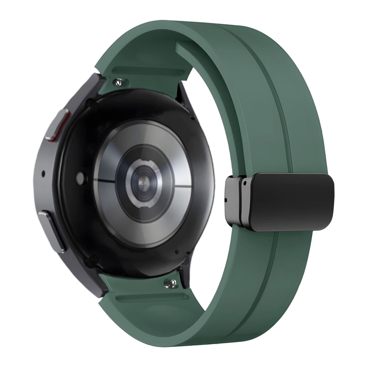 D-Buckle Silicone Strap, dark green, on a watch, 3/4 rear view