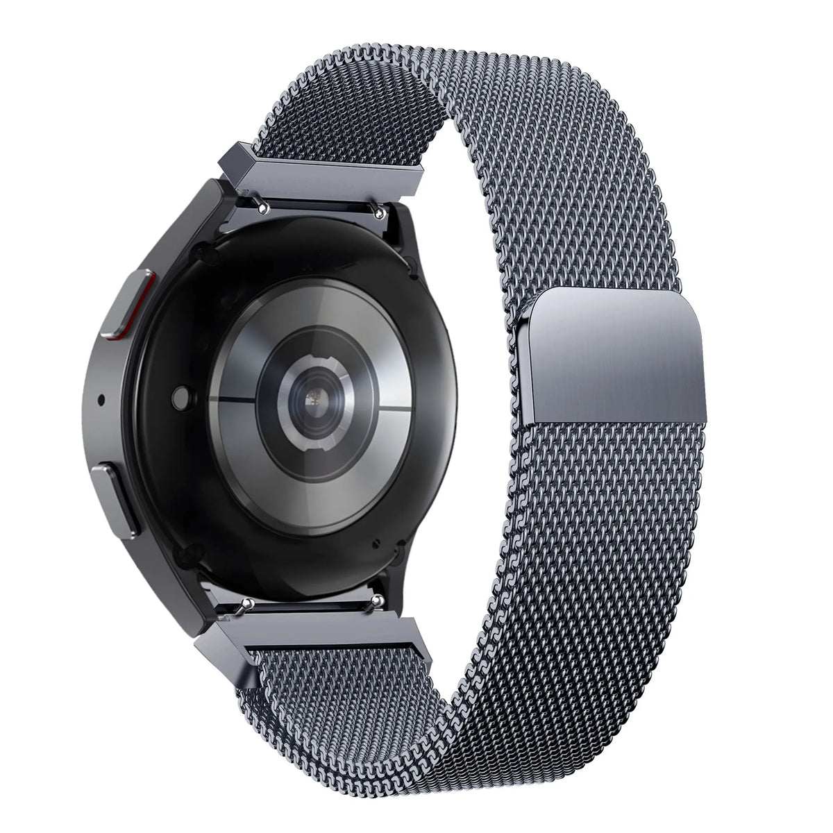 Milanese Loop Strap, grey, on a watch, 3/4 rear view