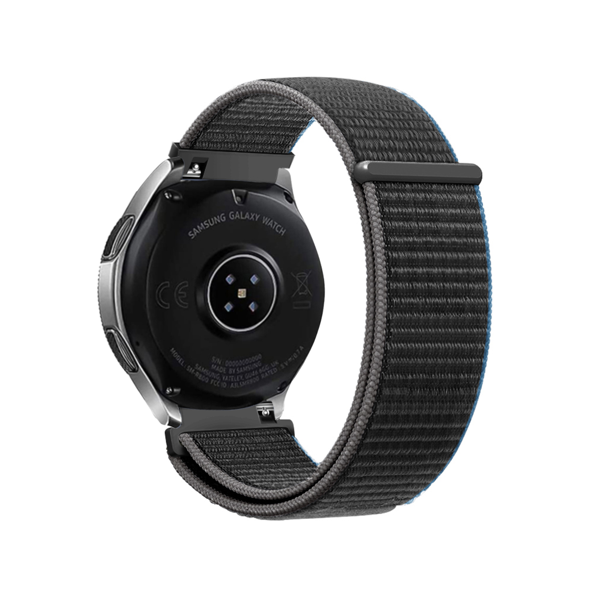 Nylon Strap, charcoal, on a watch, 3/4 rear view
