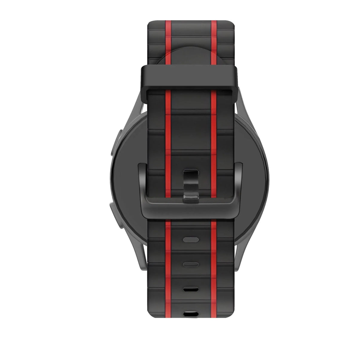 Silicone Sport Strap Striped, black/red, on a watch, 3/4 rear view