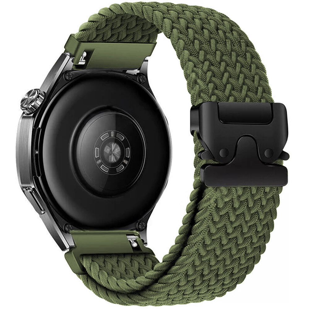 Nylon Braided Strap P-Buckle, green, on a watch, 3/4 rear view