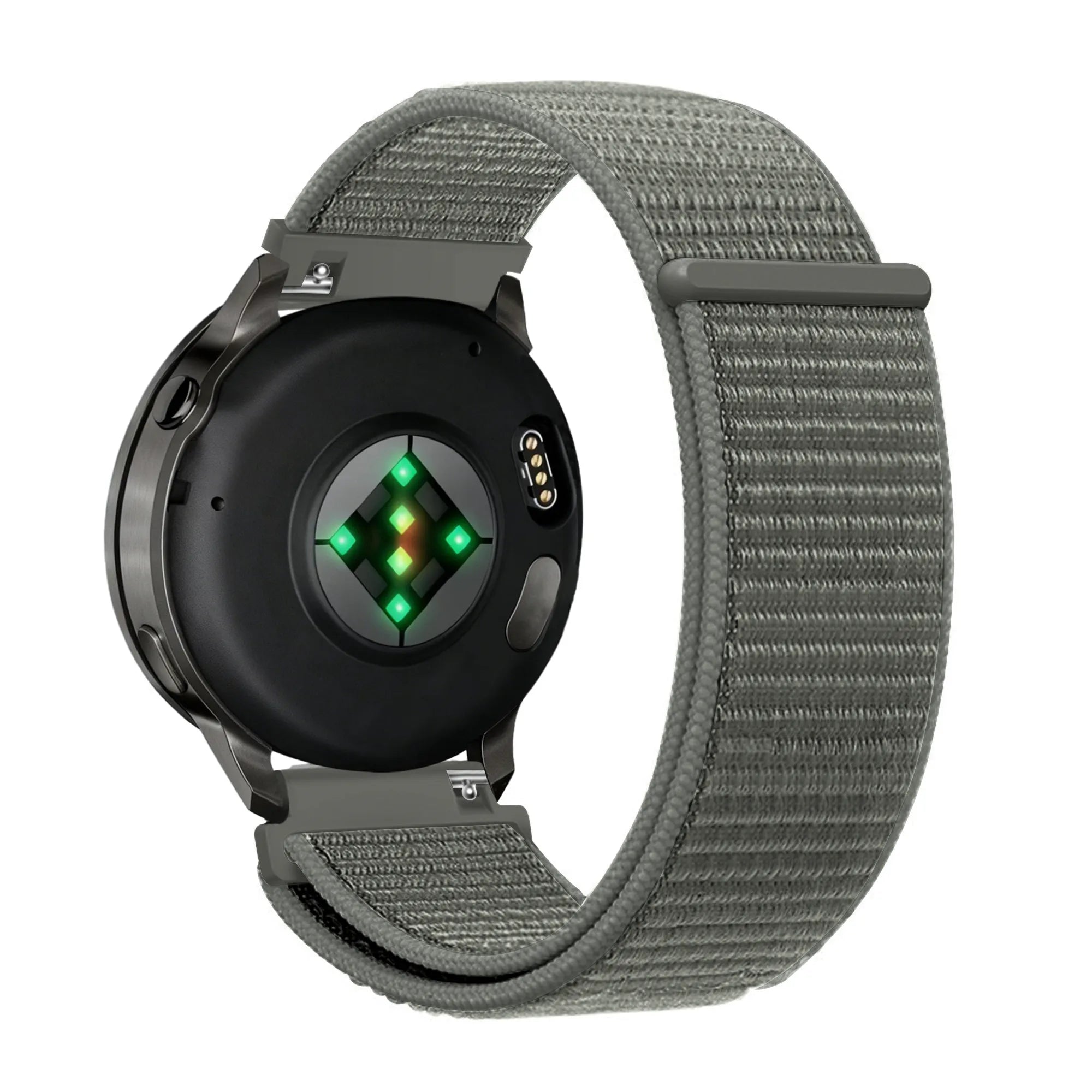 Nylon Loop Strap, grey-green, on a watch, 3/4 rear view