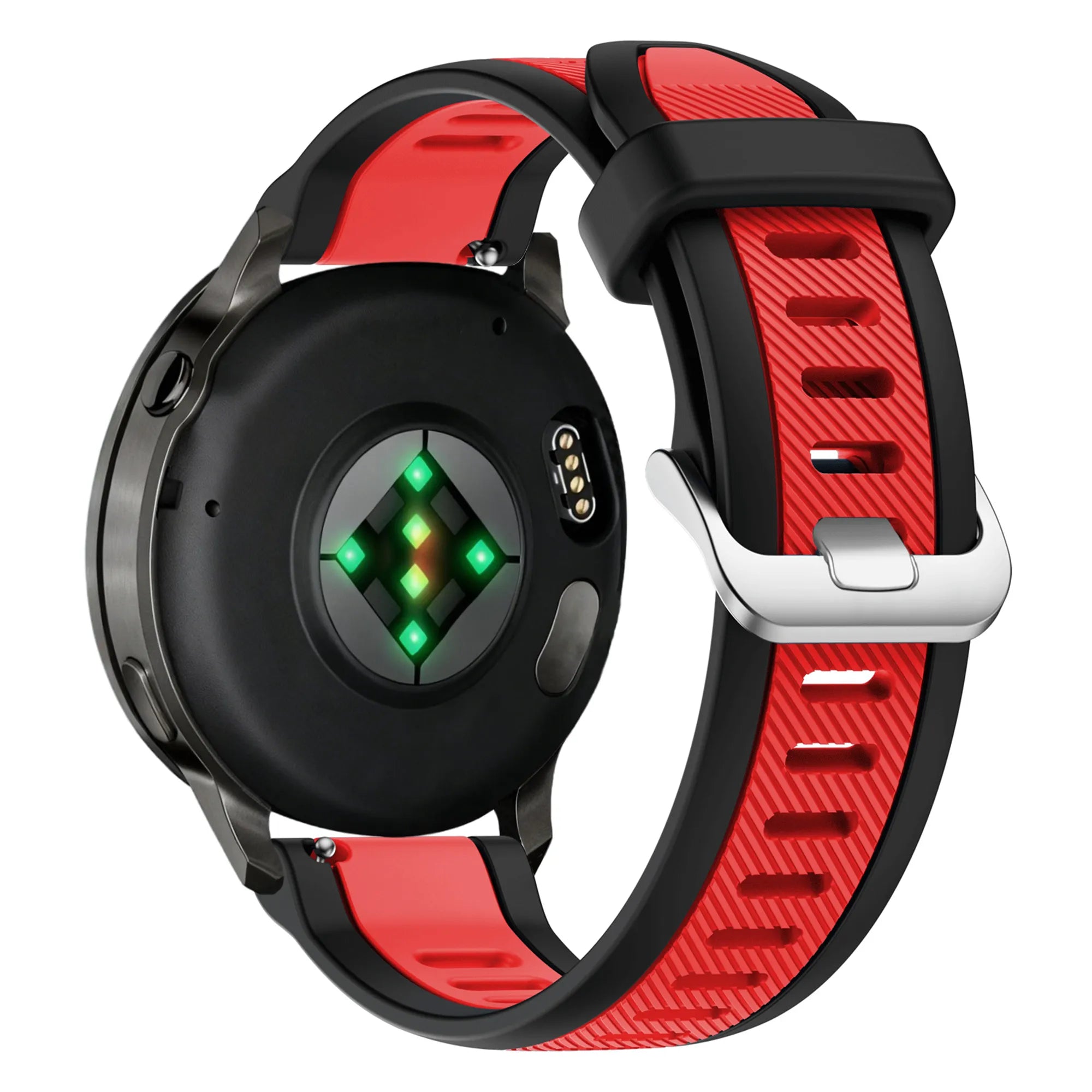 Silicone Dual Buckled Sport Strap, black/red, on a watch, 3/4 rear view