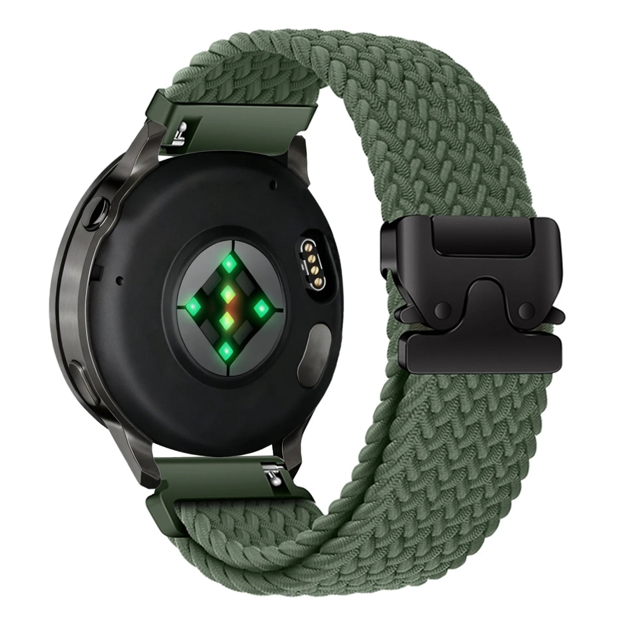 Nylon Braided Strap 'Parachute', green, on a watch, 3/4 rear view