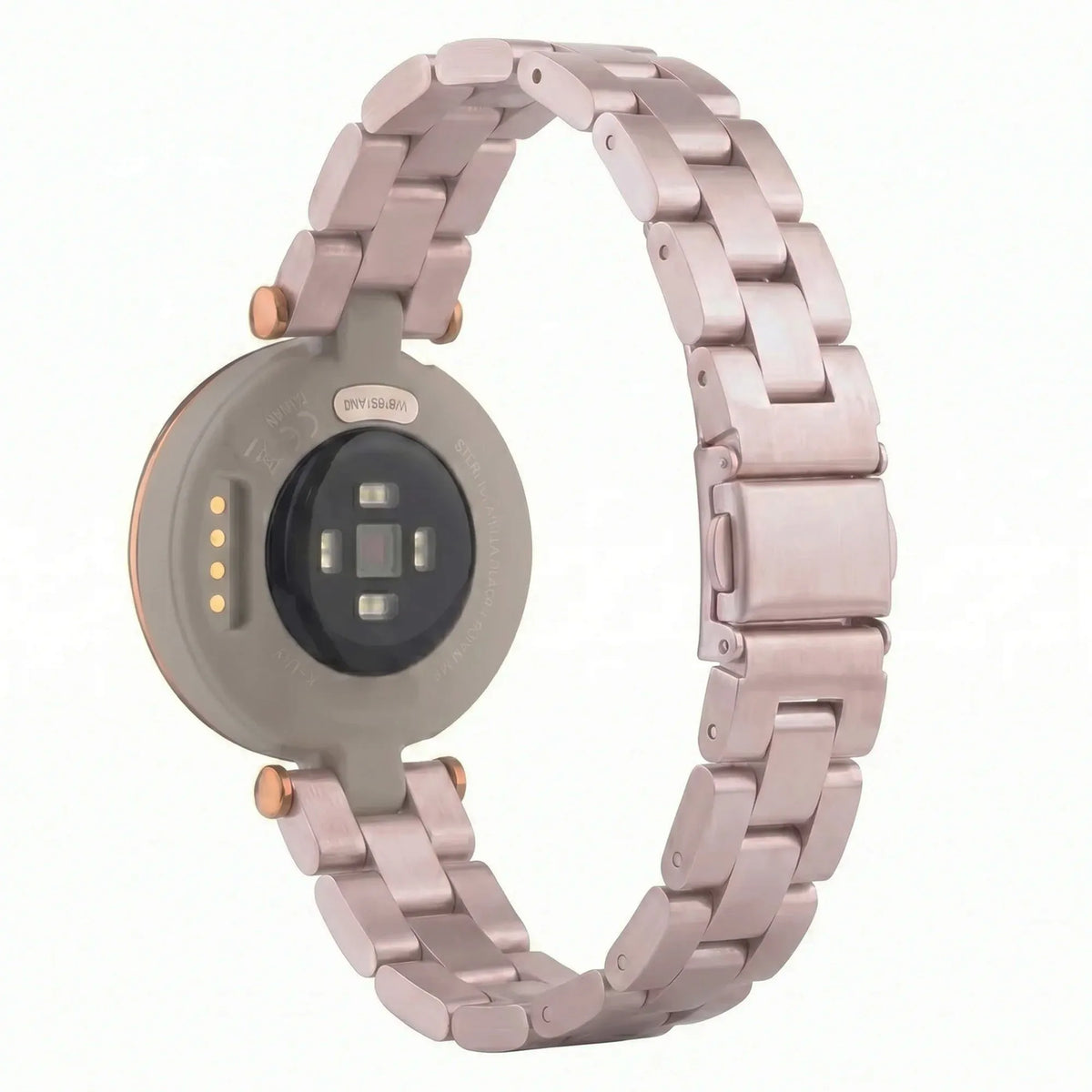 Steel Strap, pink, on a watch, 3/4 rear view