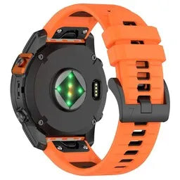 Silicone Buckled Sport Strap, orange/black, on a watch, 3/4 rear view