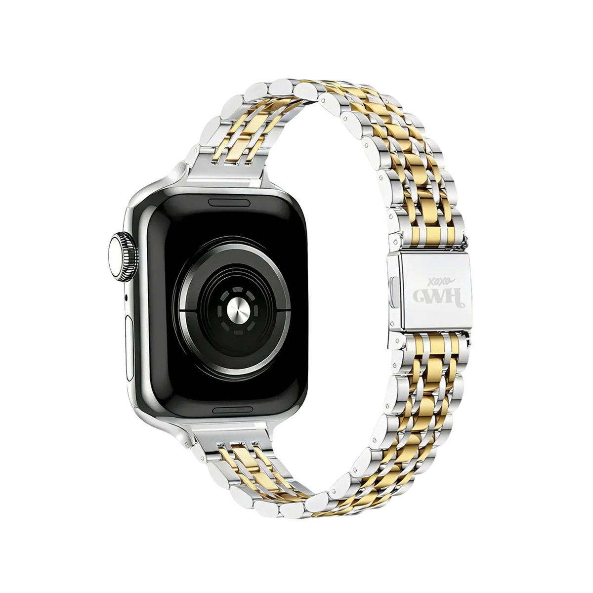 Steel Strap 'Slim', silver/gold, on a watch, 3/4 rear view